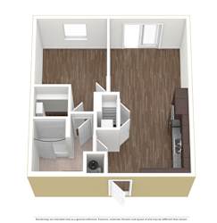 A 3D rendered image of a small apartment layout.
