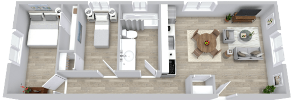A 3D rendered image of a modern apartment layout.