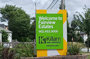 A sign welcoming people to Fairview Estates at Killam