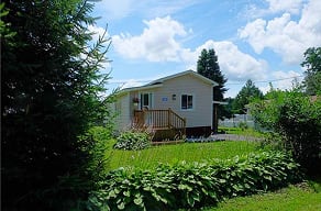 A small house with a porch is surrounded by green plants.