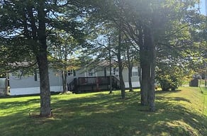 A house is surrounded by trees and grass.