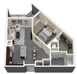 A 3D floor plan of a house with a living room, kitchen, dining room, and bedrooms.