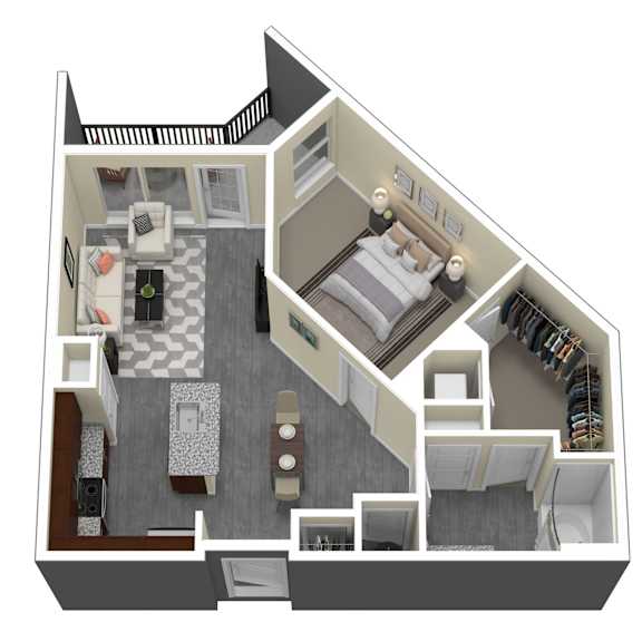 A 3D floor plan of a house with a living room, kitchen, dining room, and bedrooms.