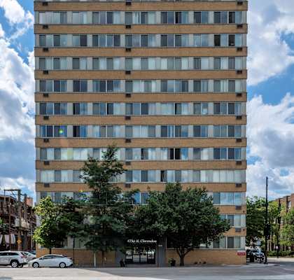 Exterior view of Clarendon Shores apartments in Chicago’s Uptown neighborhood, a high-rise community steps from Montrose Beach and the lakefront.