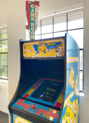 a video game in the lobby of a building