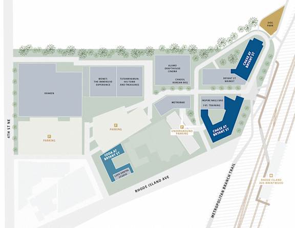 A map of a park with a parking area and a building labeled  at Coda at Bryant Street, Washington, DC 20002