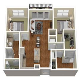 A 3D floor plan of a house with various rooms and furniture.
