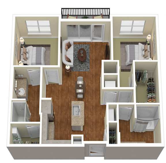 A 3D floor plan of a house with various rooms and furniture.