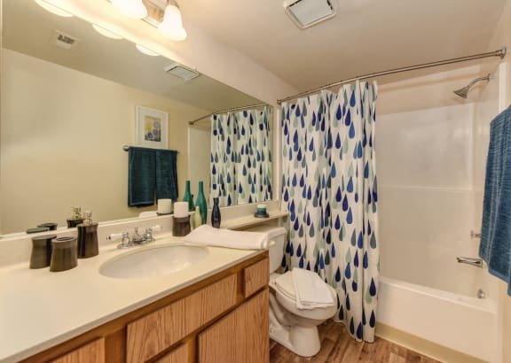 Bathroom with Extended Vanity, hard wood inspired Floor, vanity with drawers, Toilet, Sink, vanity Lighting, Ceiling Exhaust Fan