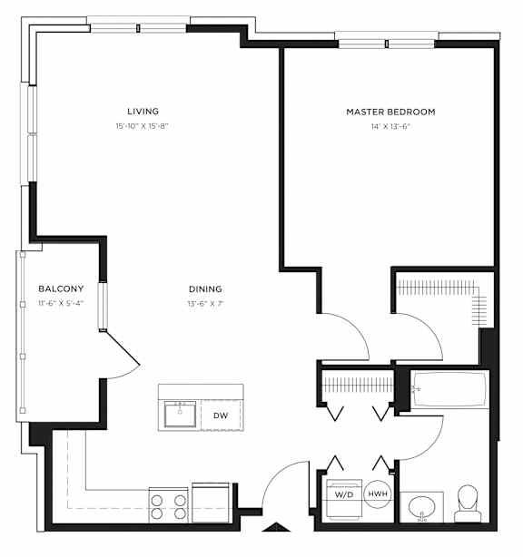 P1 - 1BR 1BA (854 SF) Floor Plan at Pier Village Apartments, Long Branch, NJ, 07740