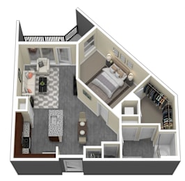 A 3D floor plan of a house showing a living room, kitchen, dining room, and bedrooms.