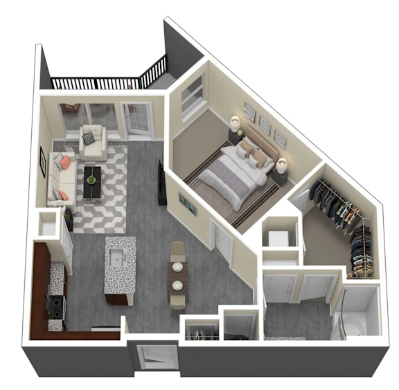 A 3D floor plan of a house showing a living room, kitchen, dining room, and bedrooms.