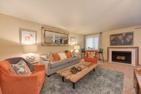 Living Room with Window, Carpet on Rug and Fireplace