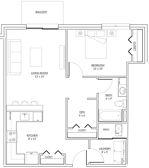 Hartman Style H - 1 bed, 1 bath &#x2B; den apartment floor plan