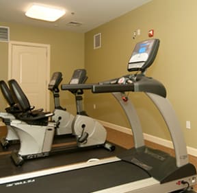 a home gym with a treadmill and two elliptical machines