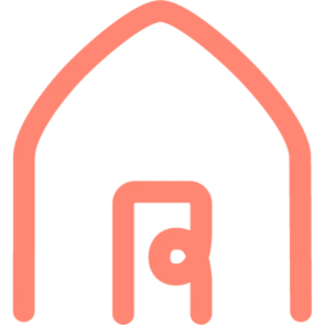 A pink and yellow house icon with a black background.