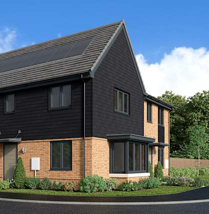 A modern house with a black roof and brick walls.