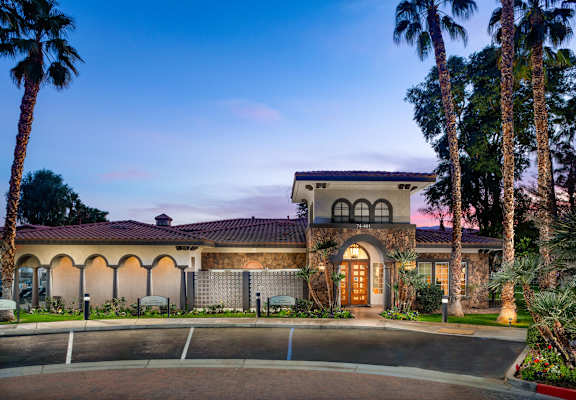 A house with a brown roof and a wooden door is surrounded by palm trees.
