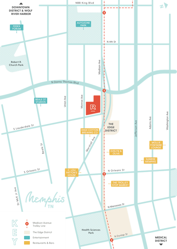 A map of Memphis TN with a red marker on the Riverside Drive.