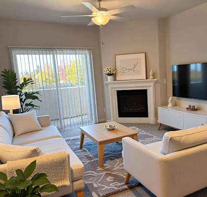 A living room with a fireplace, a television, and a couch.