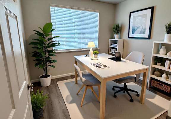 A white desk with a chair and a potted plant in a room at the Cottages at Laguna, Sacramento, California, 95823