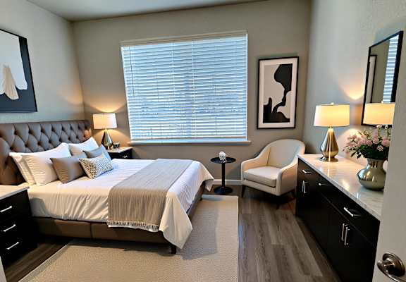 A well-lit bedroom with a large bed and a chair.