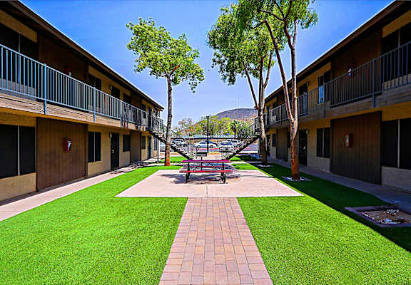 A courtyard with a bench and trees.