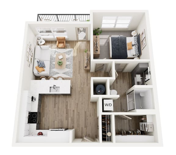 A top-down view of a small apartment with a living room, kitchen, and bedroom.