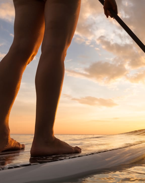 a person standing on a surfboard in the water with a paddle