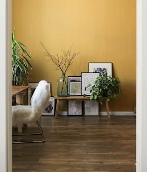 A room with a yellow wall and a white chair.