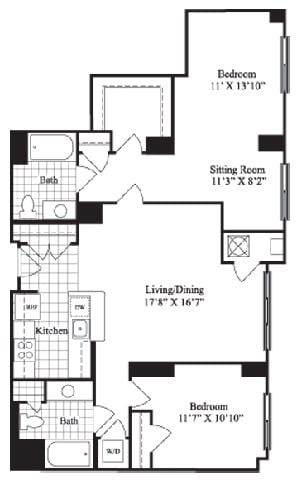 Floor Plan  2 bed 2 bath floorplan for The Dartmoor, at Wentworth House,North Bethesda
