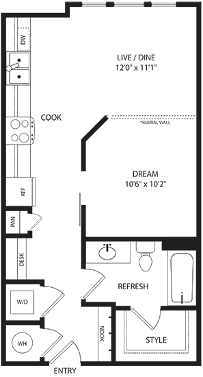 Studio, 1 bath floorplan. Entry nook with hooks. hallway leading to built-in desk, Pantry and Kitchen. Open to Living/dining area. Sliding door entry to bedroom with partial height wall. Large Closet.