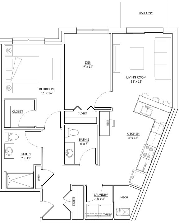 Hartman Style K - 1 bed, 2 bath + den apartment floor plan
