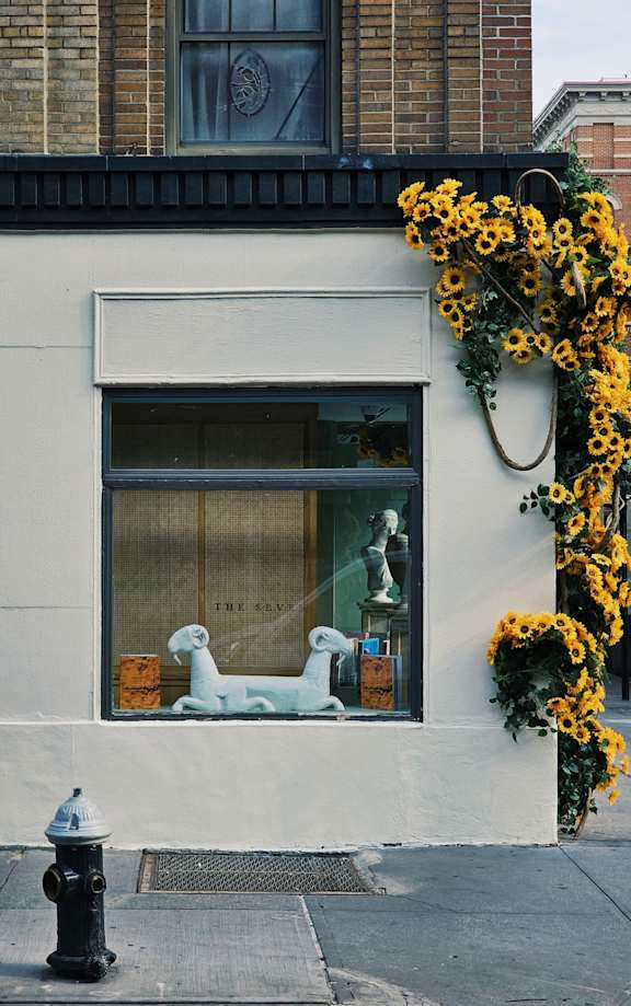 A fire hydrant is on the sidewalk in front of a white building with a window display.