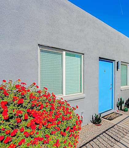 A row of houses with blue doors and windows.