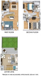 Burberry with Yard 3D. 2 bedroom townhome with den. Kitchen with bartop open to living/dinning rooms. 2 full bathrooms + 2 powder rooms. Patio/balcony open to yard.