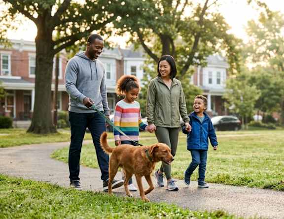 A family of four walking a dog in a park.