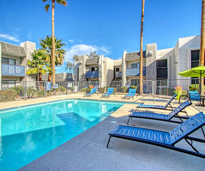 our apartments have a resort style pool with lounge chairs