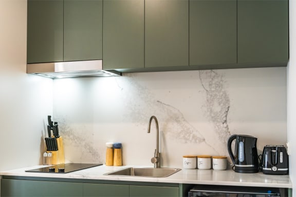 a kitchen with green cabinets and a sink