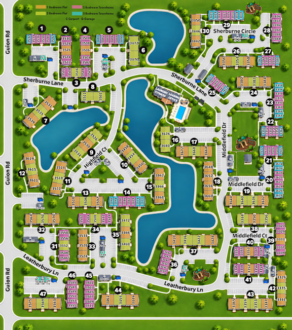 A map of a residential area with streets labeled and house numbers displayed.