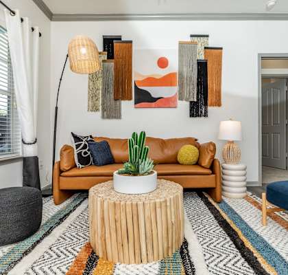 a living room with a couch and a coffee table