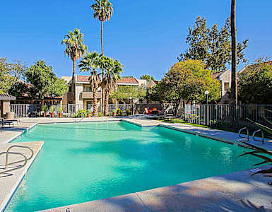 a swimming pool with palm trees and chairs around it