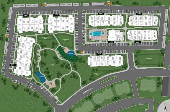 A map of a residential area with streets, houses, and a swimming pool.