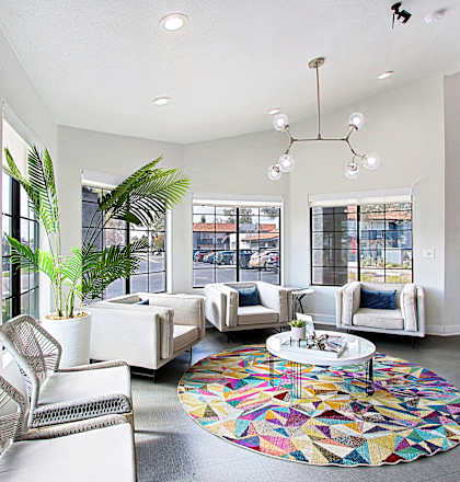 A white living room with a colorful rug on the floor.