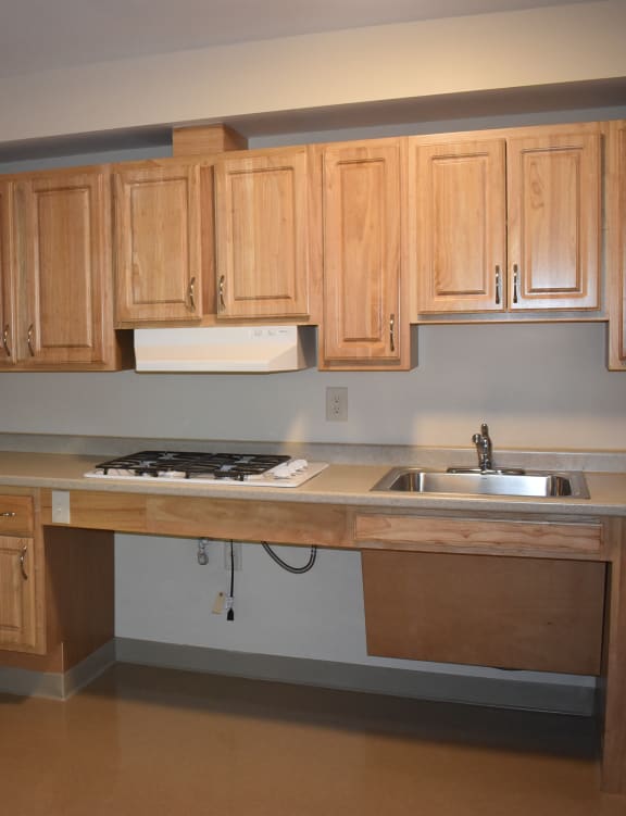 a kitchen with wooden cabinets and a stove and a sink
