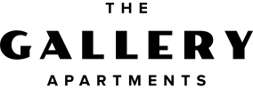 a logo with the words the gallery apartments