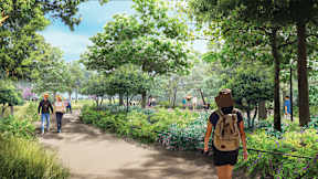 A woman with a backpack is walking down a path in a lush green park.