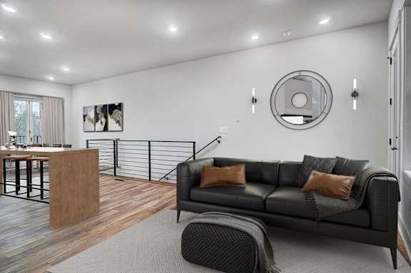 a living room with a couch and a table
