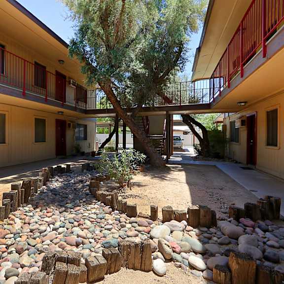 A courtyard with a tree and a stone path.
