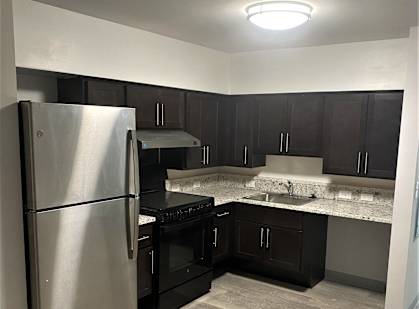 A kitchen with a stainless steel refrigerator and black cabinets.